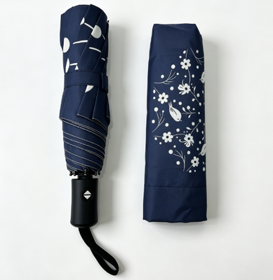 Navy Blue White Bird Floral Print Automatic 3 Pold Umbrella Anti UV Windproof Sun Rain Parasol per donne Viaggi quotidiani Viaggi all'aperto