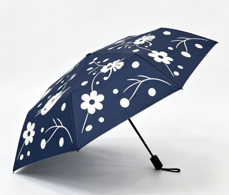 Navy Blue White Bird Floral Print Automatic 3 Pold Umbrella Anti UV Windproof Sun Rain Parasol per donne Viaggi quotidiani Viaggi all'aperto