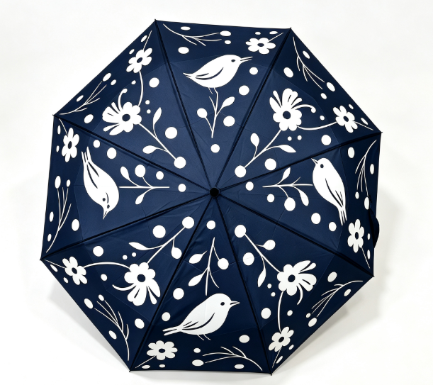Navy Blue White Bird Floral Print Automatic 3 Pold Umbrella Anti UV Windproof Sun Rain Parasol per donne Viaggi quotidiani Viaggi all'aperto